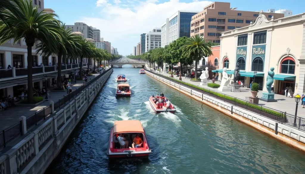 Boats traveling along the Paseo Santa Lucia riverwalk with restaurants and art installations visible