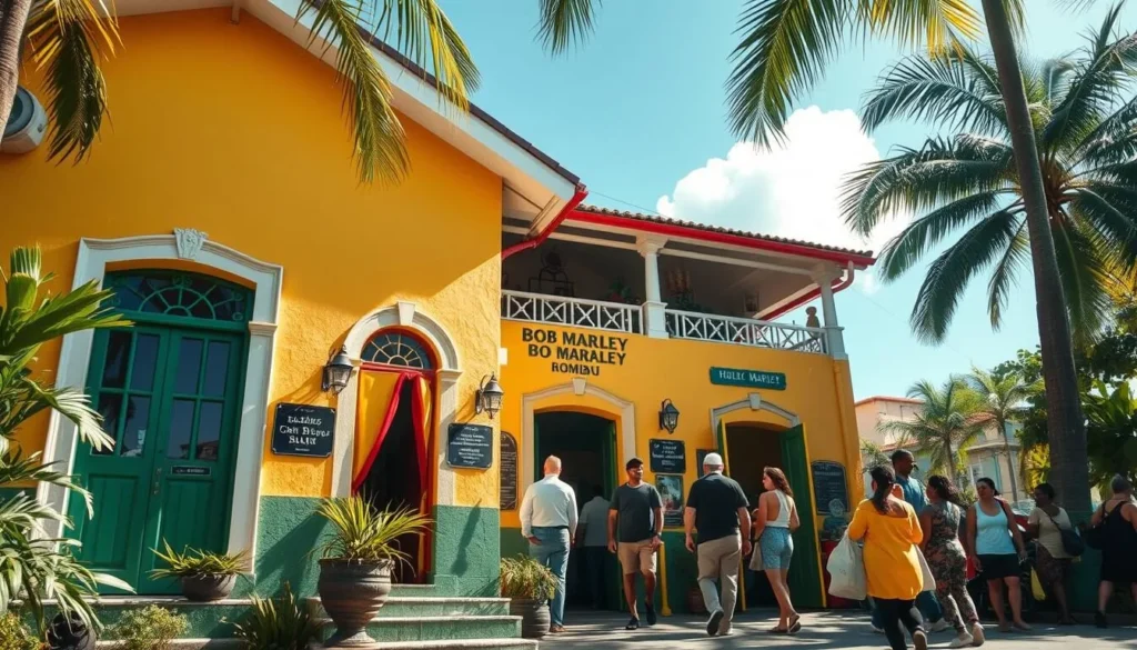 Bob Marley Museum in Kingston, Jamaica with colorful Rastafarian colors and visitors