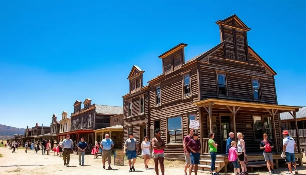 Bodie State Historic Park in summer with clear blue skies and visitors exploring the historic buildings
