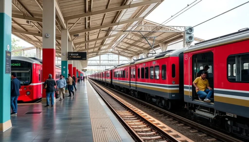 Bogor Train Station with commuter trains and passengers - transportation option for visiting Bogor, Indonesia