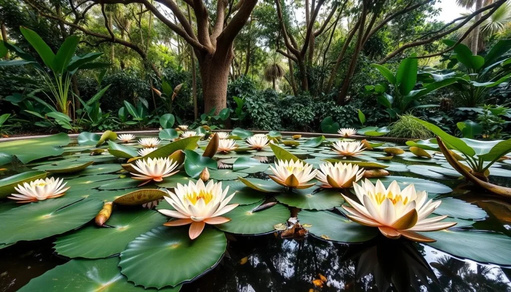 Botanical gardens at Emílio Goeldi Museum with giant Amazonian water lilies and tropical plants