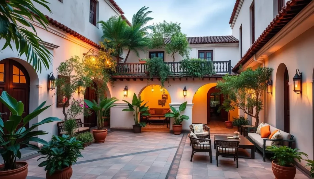 Boutique hotel courtyard in San Cristobal de las Casas with traditional architecture