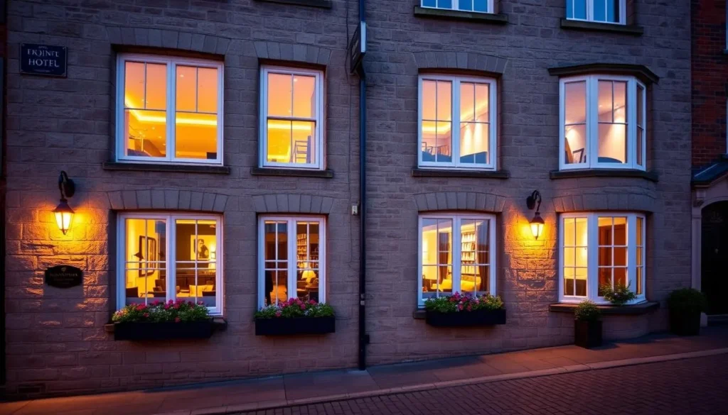 Boutique hotel in Exeter with historic facade and modern interior visible through windows
