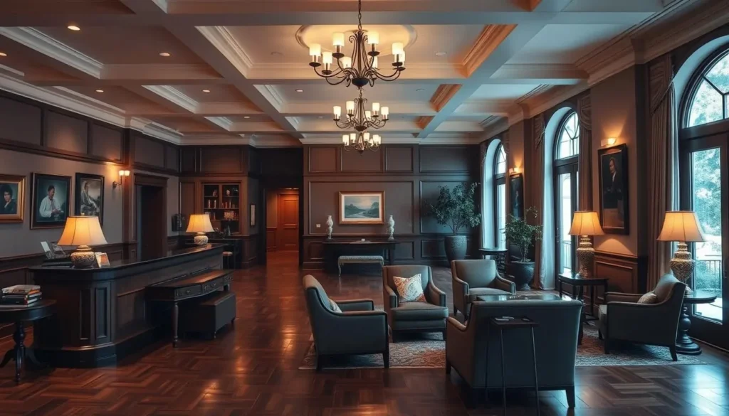 Boutique hotel lobby in Columbia Tennessee with Southern decor and welcoming atmosphere
