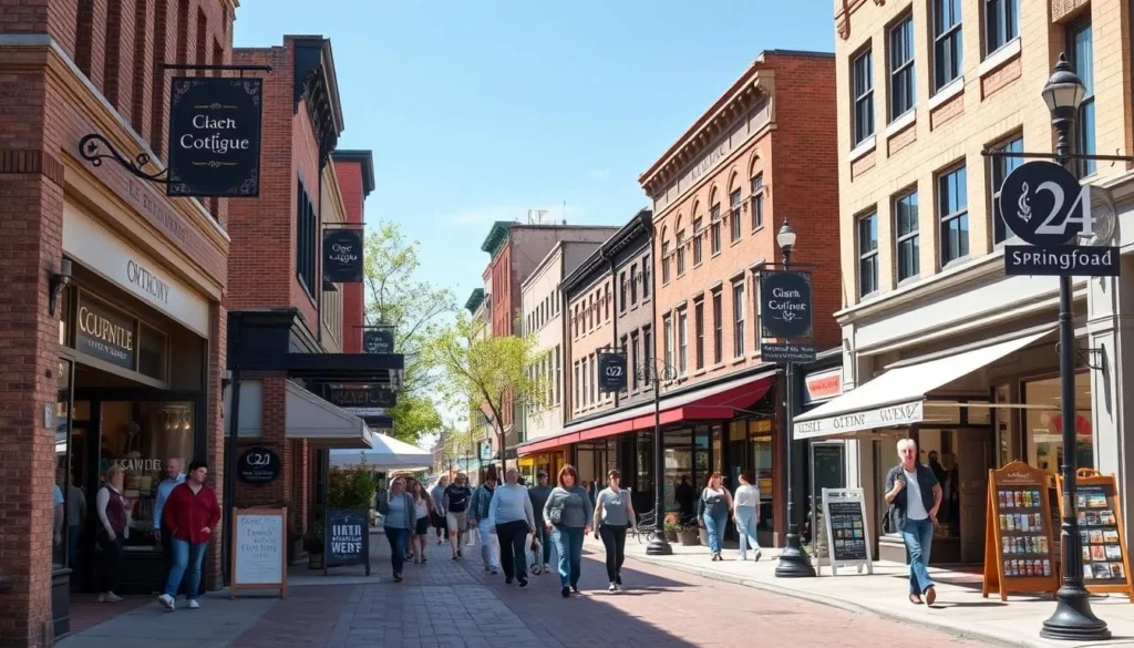 Boutique shopping on Main Street in Springfield with historic storefronts Boutique shopping on Main Street in Springfield with historic storefronts