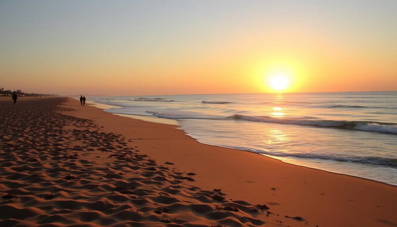 Bouznika beach sunset with golden sand and Atlantic waves