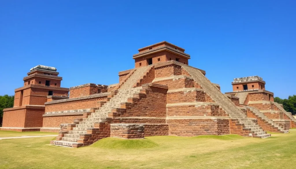 Brick temples at Comalcalco archaeological site in Tabasco, Mexico