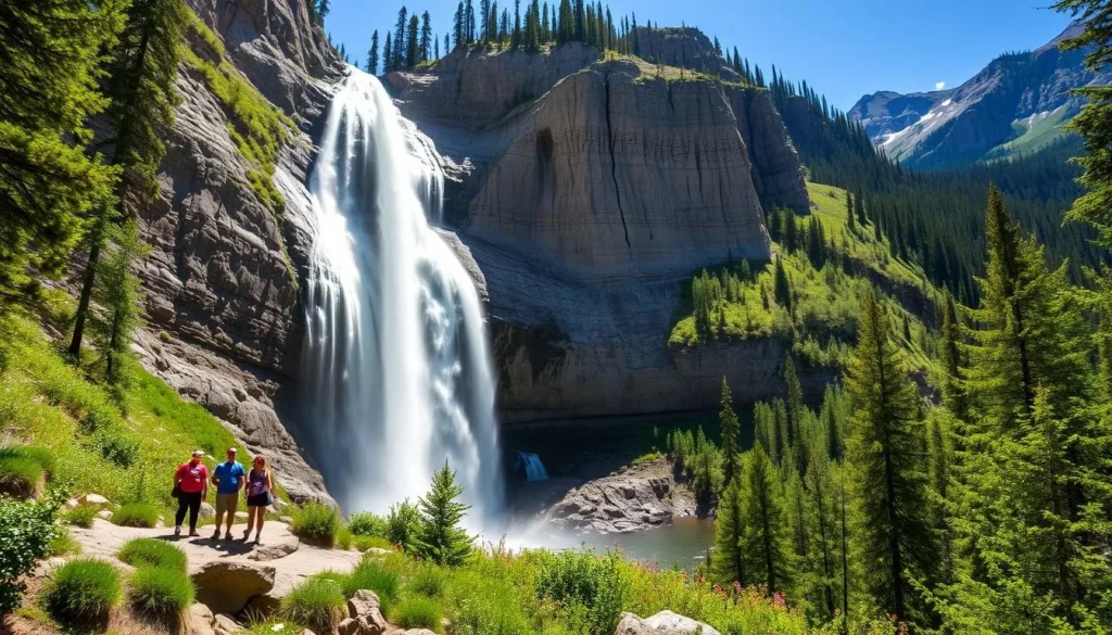 Bridal Veil Falls in Telluride with hikers enjoying the spectacular view Bridal Veil Falls in Telluride with hikers enjoying the spectacular view