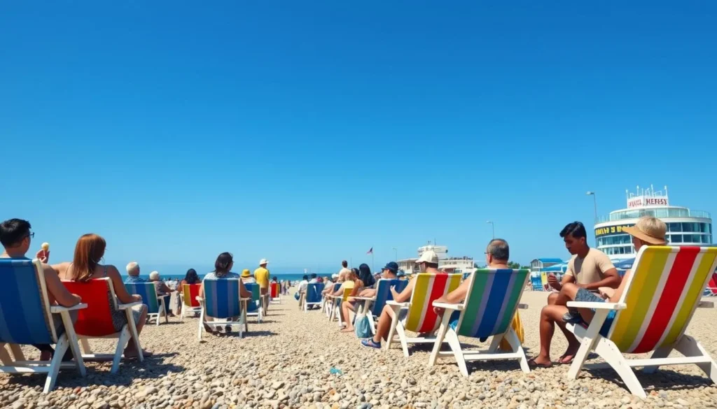Brighton Beach on a sunny summer day with colorful beach chairs and diverse visitors enjoying the seaside