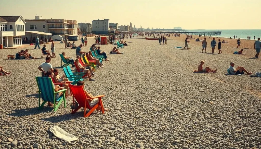 Brighton Beach with its famous pebbles and colorful beach chairs on a sunny day