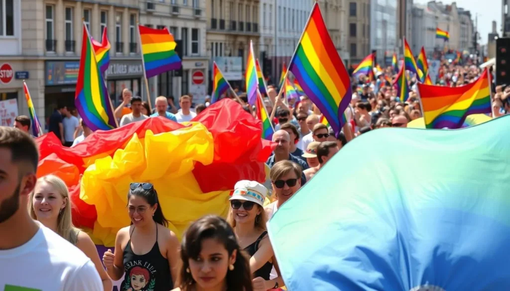 Brighton Pride parade with colorful floats and diverse celebration