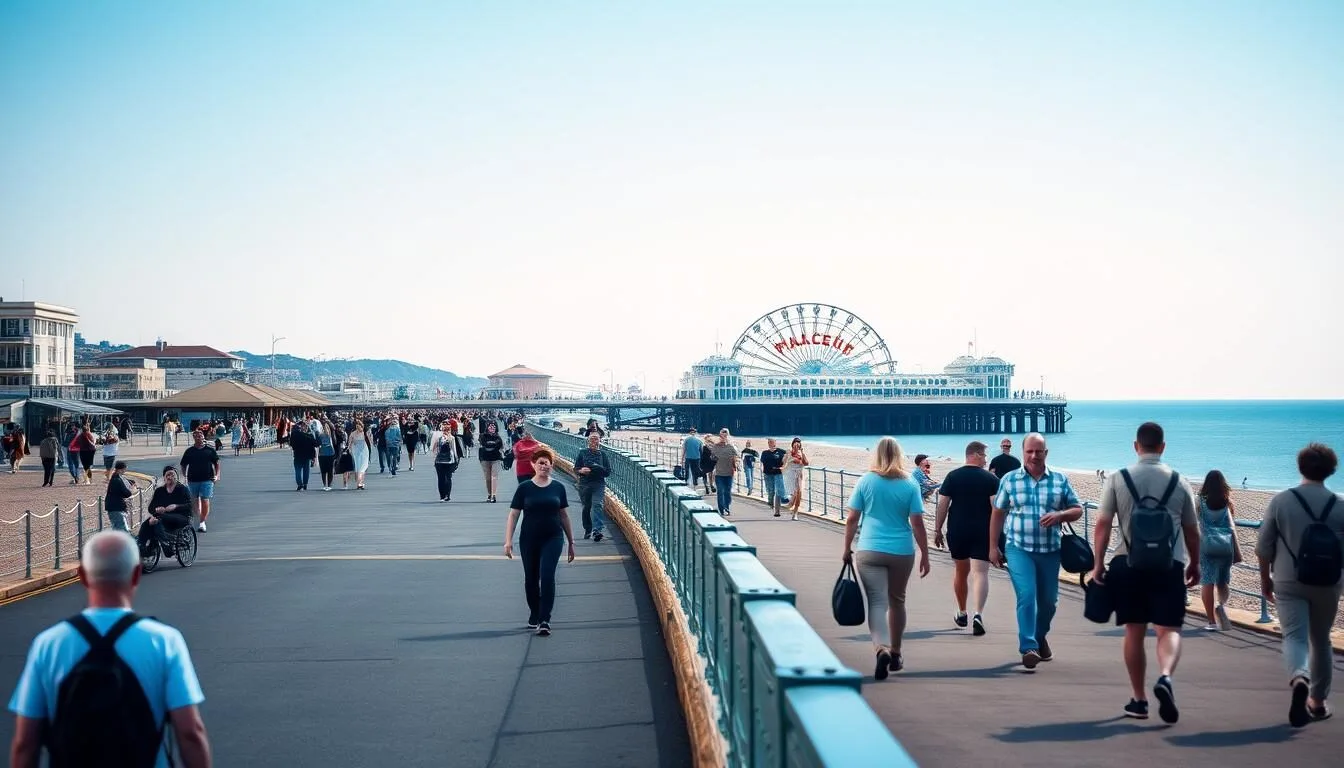Brighton seafront view with the iconic Palace Pier on a sunny day