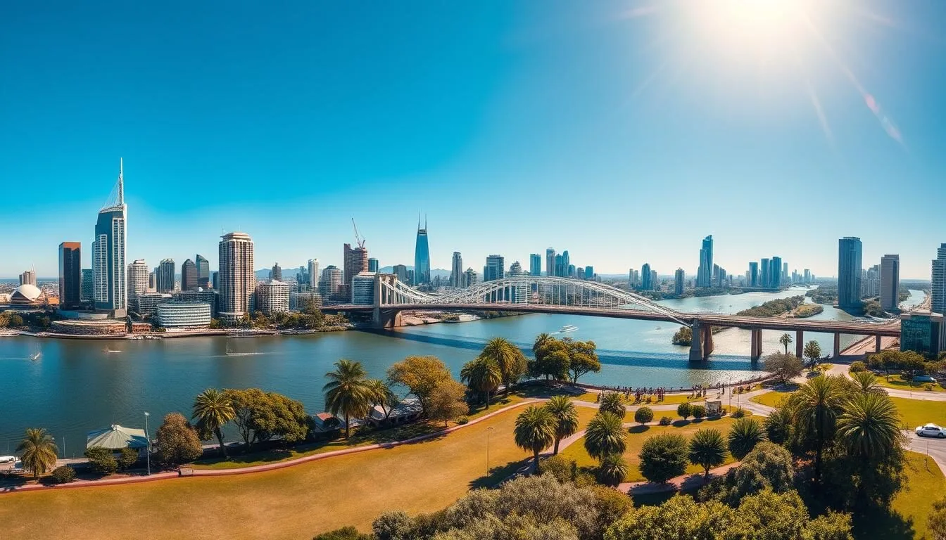 Brisbane cityscape with Story Bridge on a clear sunny day, showcasing Brisbane Queensland best months for a weather-savvy trip