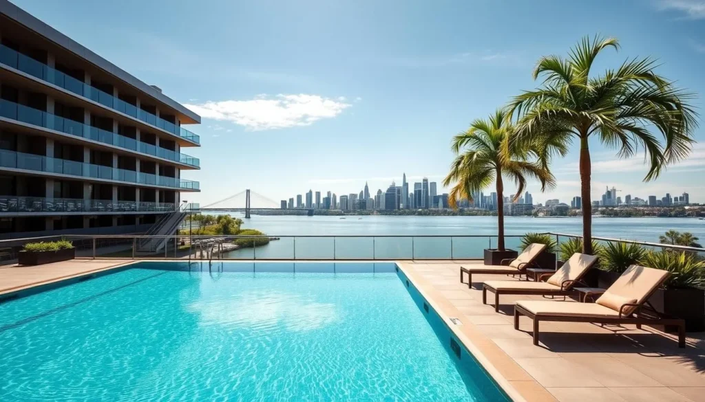 Brisbane hotel with river views and outdoor pool area during perfect weather, showcasing accommodation options for Brisbane Queensland best months for a weather-savvy trip
