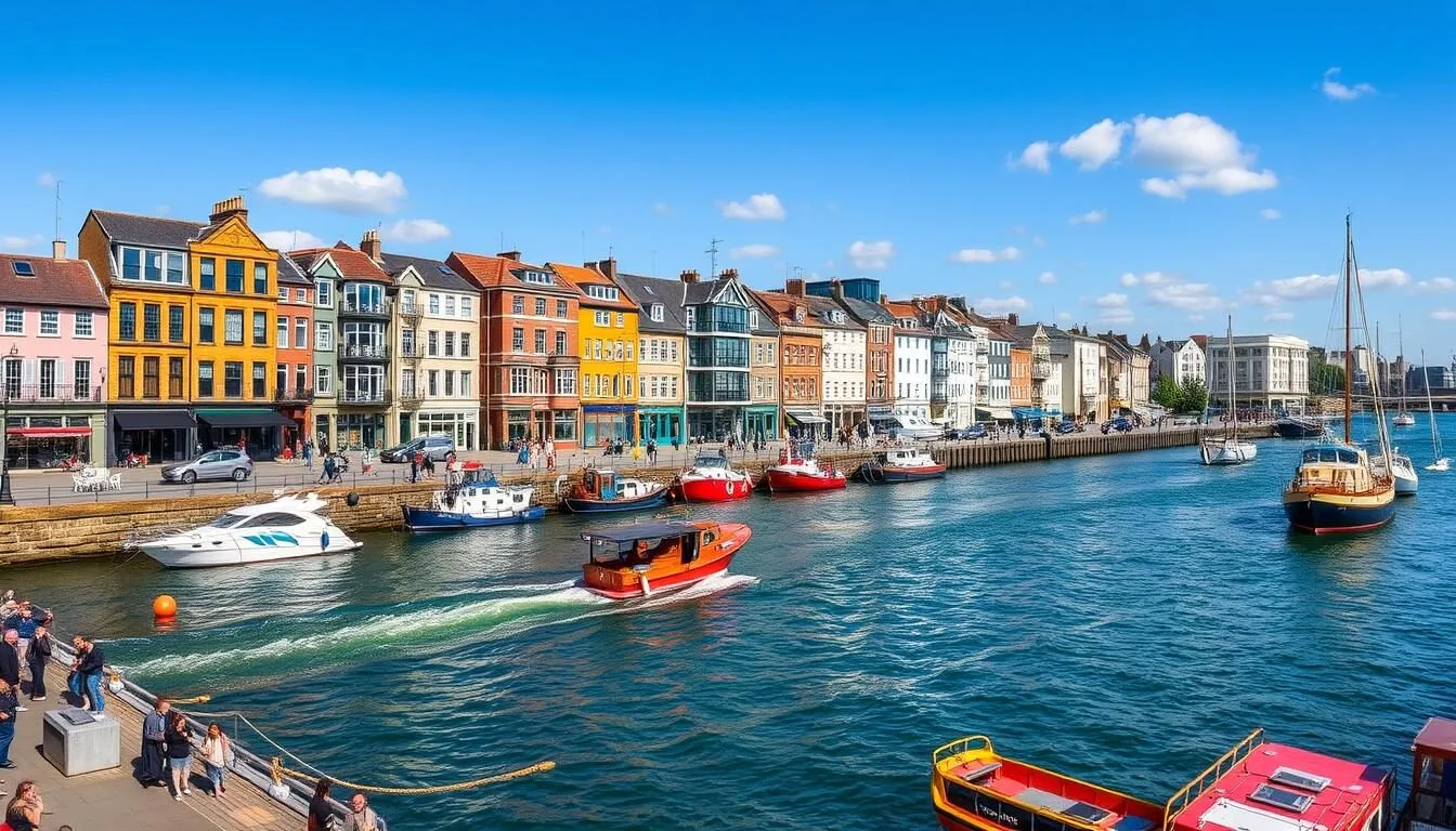 Bristol Harbourside with colorful buildings and boats on a sunny day