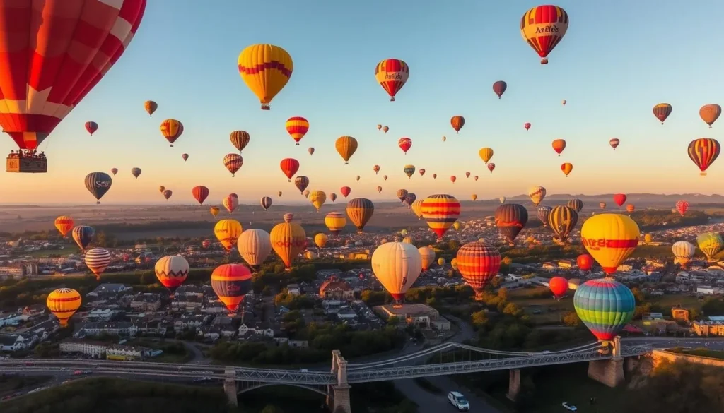 Bristol International Balloon Fiesta with colorful hot air balloons flying over Clifton Suspension Bridge Bristol International Balloon Fiesta with colorful hot air balloons flying over Clifton Suspension Bridge