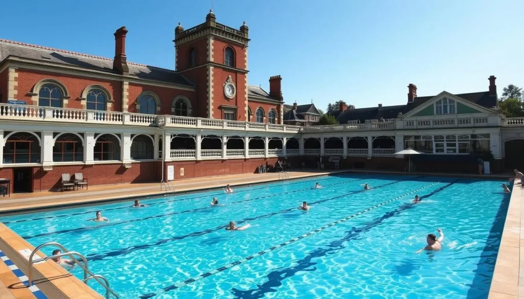 Bristol Lido outdoor swimming pool with swimmers and restaurant Bristol Lido outdoor swimming pool with swimmers and restaurant
