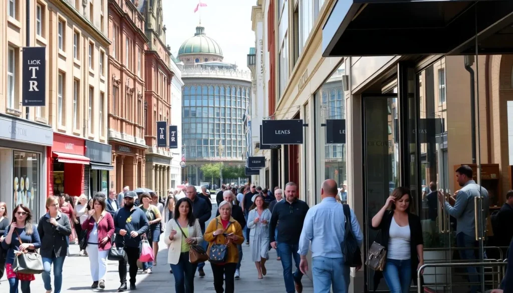 Bristol city center shopping area with pedestrians and shops Bristol city center shopping area with pedestrians and shops