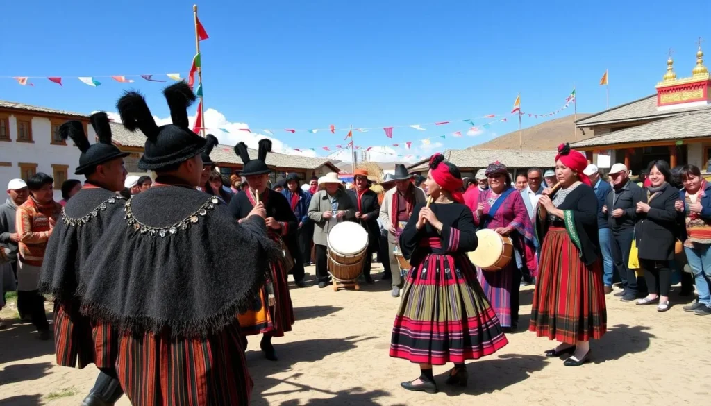 Brokpa people in traditional dress performing cultural dance during a local festival