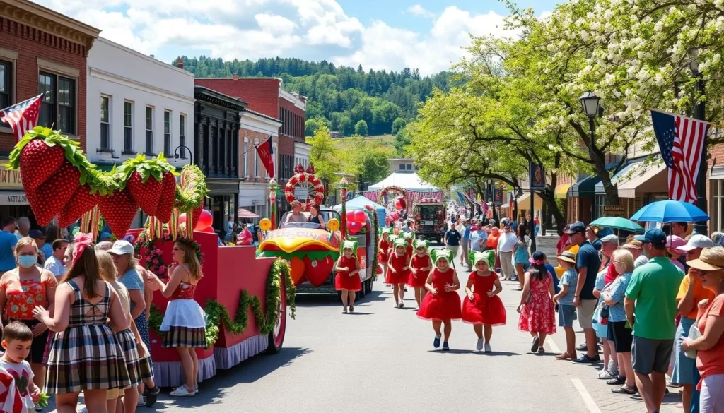 Buckhannon's West Virginia Strawberry Festival parade with floats and crowds on Main Street Buckhannon's West Virginia Strawberry Festival parade with floats and crowds on Main Street