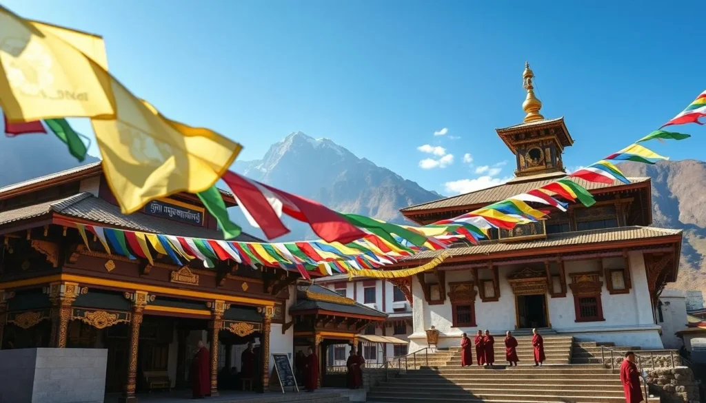 Buddhist monastery near Kula Kangri with prayer flags
