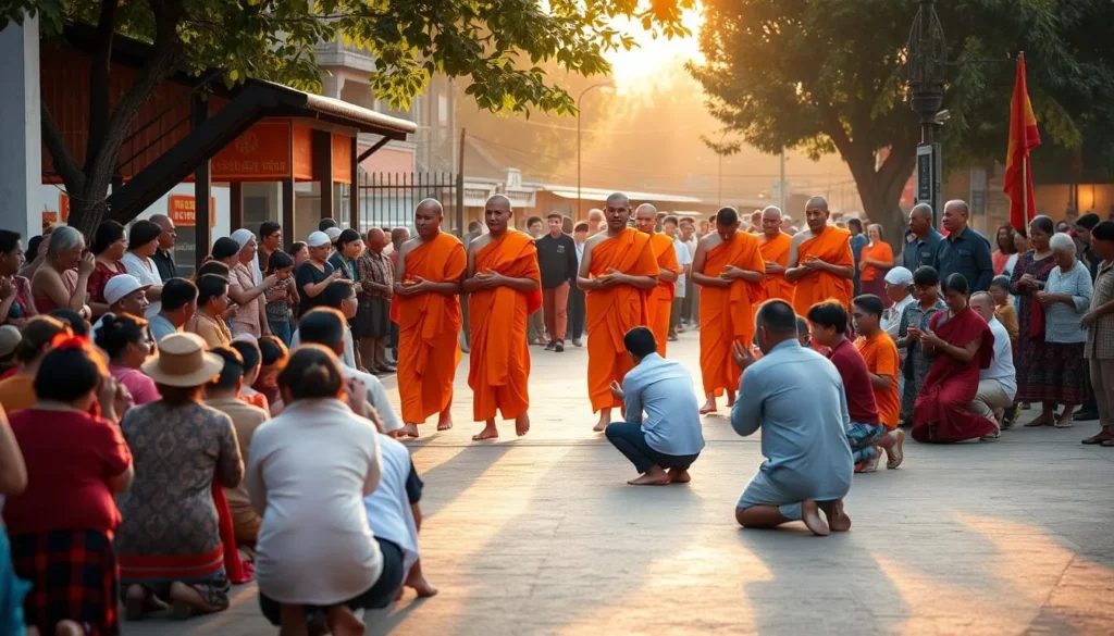 Buddhist monks in orange robes walking through Luang Prabang during the alms giving ceremony, cultural customs in Luang Prabang, Laos