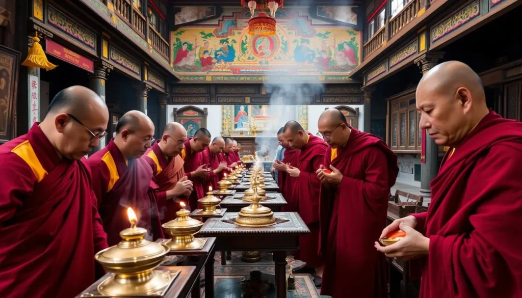 Buddhist monks performing rituals at Goen Tshephu Lhakhang