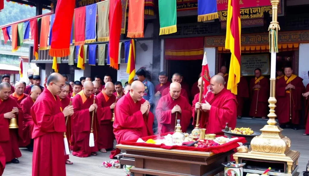 Buddhist monks performing traditional ceremonies at Zangto Pelri Lhakhang in Phuentsholing