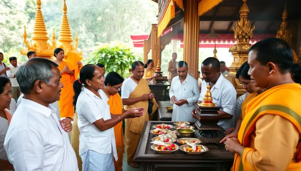 Buddhist temple ceremony in Galle with locals in traditional dress
