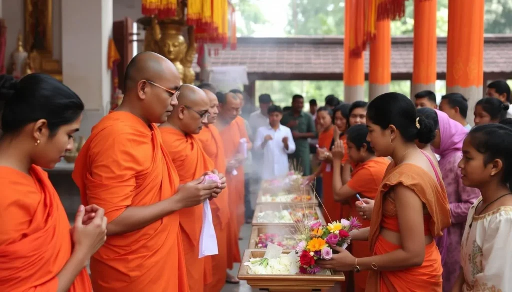 Buddhist temple ceremony in Sri Lanka with monks and local devotees