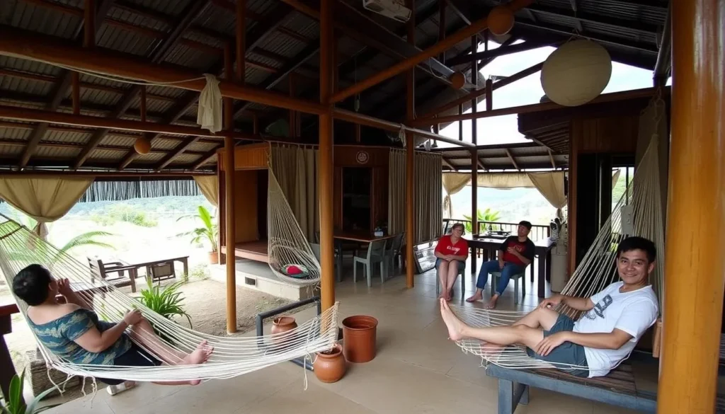 Budget guesthouse in Vang Vieng with hammocks and garden, affordable stays for Vang Vieng, Laos things to do