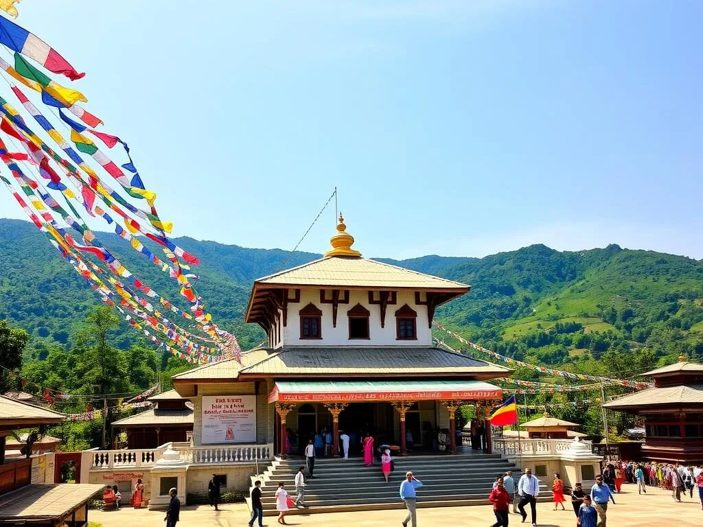 Budha Subba Temple in Dharan with prayer flags and visitors