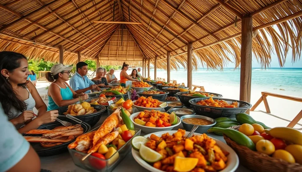 Buffet lunch served under a palapa at Isla Contoy with fresh seafood and tropical fruits