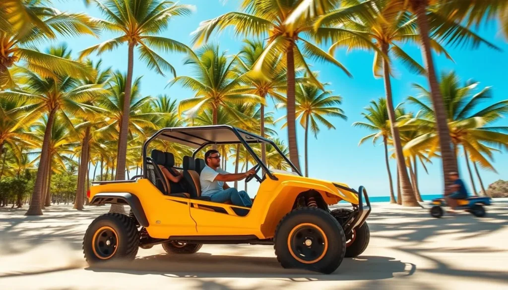 Buggy tour driving through palm tree groves along the beaches near Porto de Galinhas