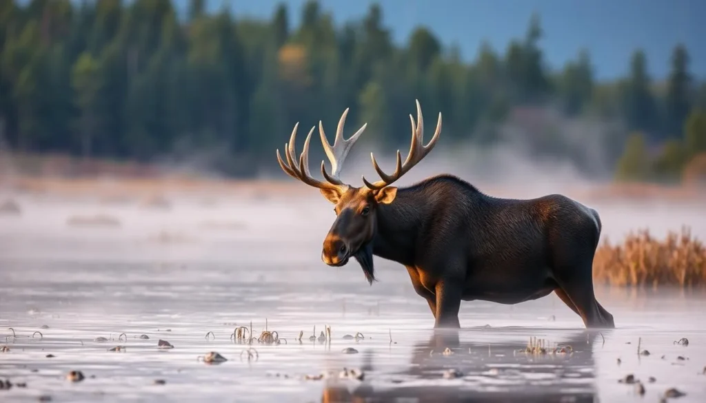 Bull moose wading in a marsh in Algonquin Provincial Park during early morning