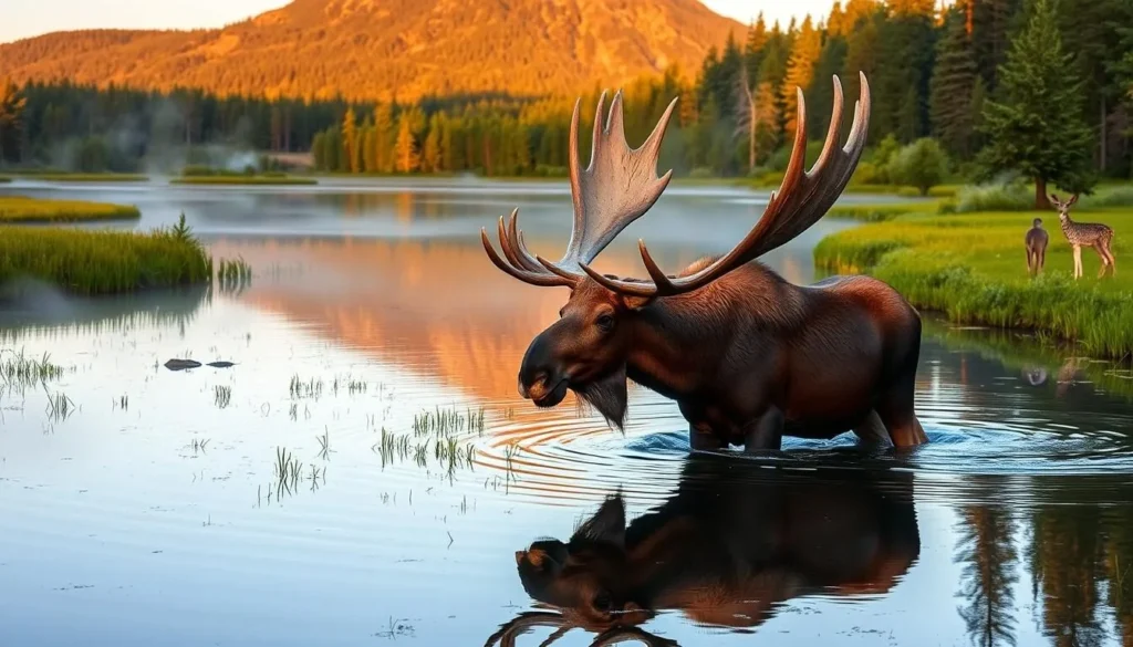 Bull moose wading in a pond near Mount Katahdin with the mountain reflected in the water