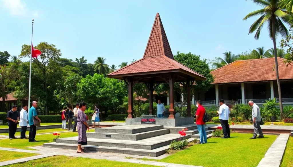 Bung Karno's Grave in Blitar, showing the memorial site with its distinctive wooden gazebo structure and visitors paying respects