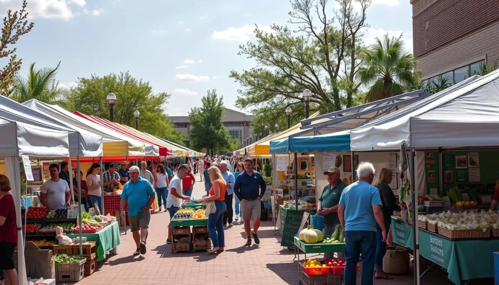 Burleson Farmers Market with local vendors selling fresh produce, crafts, and food products on a Saturday morning