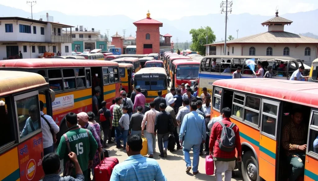 Bus terminal in Dharan with travelers and local transportation