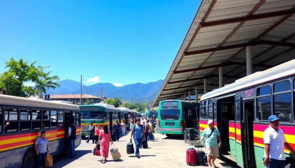 Bus terminal in Santa Rosa de Copan with local buses and travelers