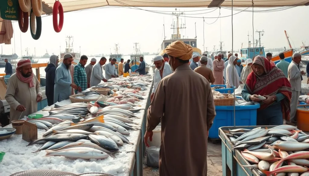 Bustling Al Hudaydah Fish Market with fishermen displaying their fresh catch