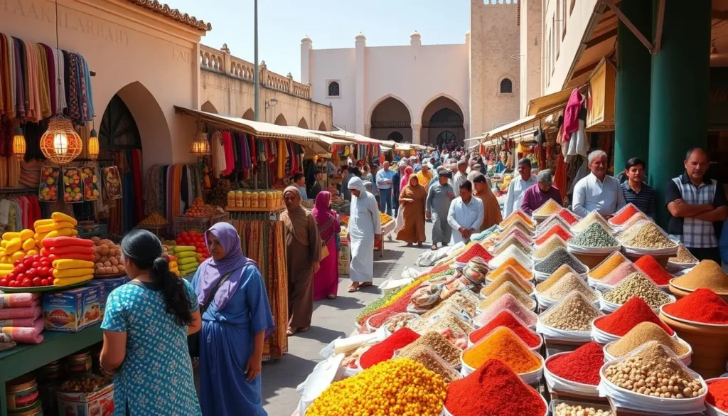 Bustling Friday Market in Barka with colorful displays of local produce, crafts, and spices
