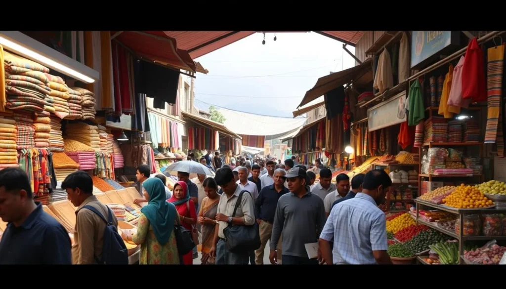 Bustling Maisthan Market in Birgunj with vendors selling colorful textiles and produce