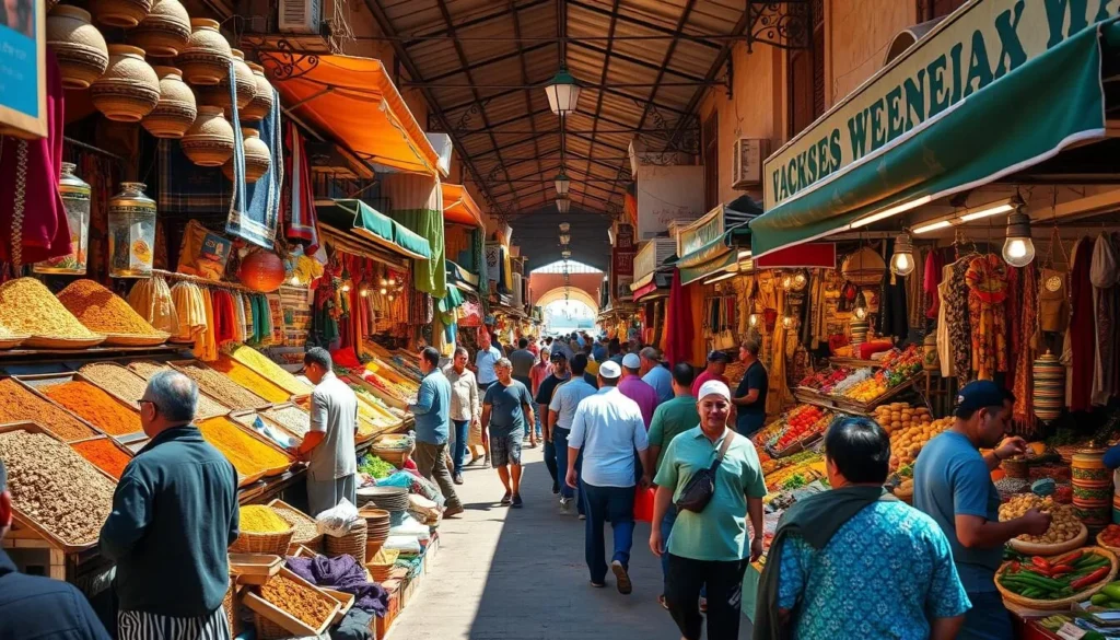 Bustling Wednesday market in Souk El Arbaa with colorful stalls and local vendors