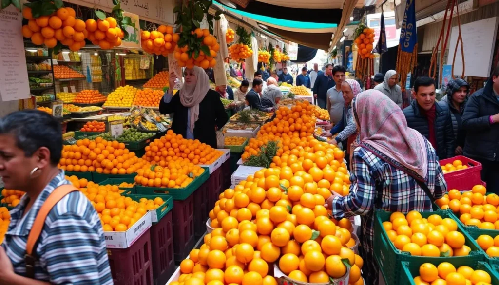 Bustling market in Berkane with colorful displays of fresh citrus fruits and local produce