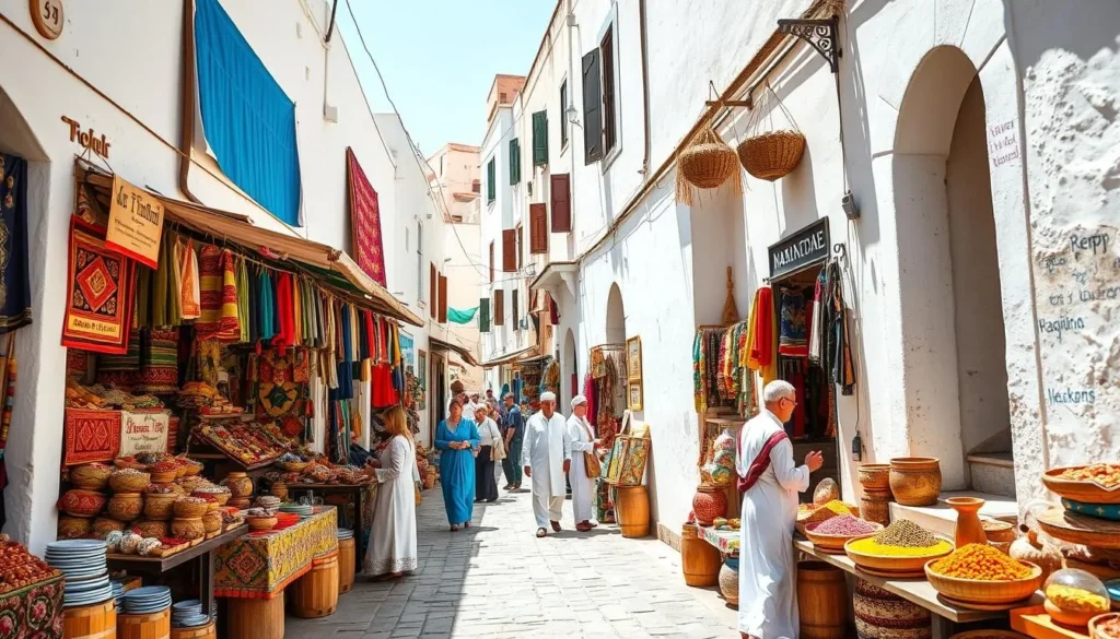 Bustling market scene in Tetouan's medina with colorful goods and local vendors