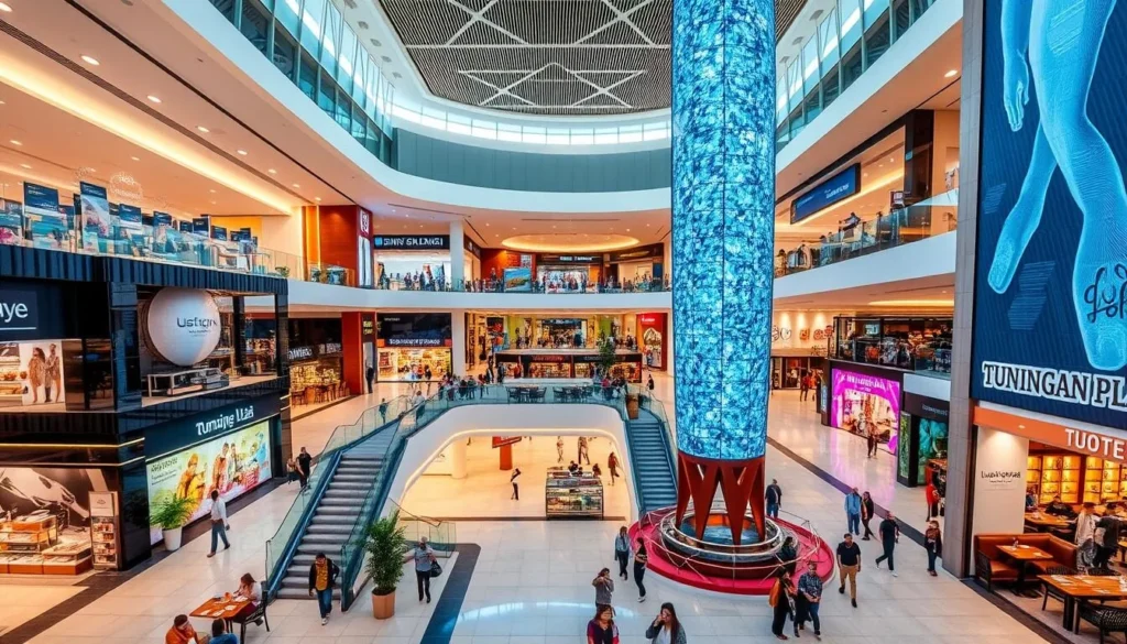 Bustling scene at Tunjungan Plaza shopping mall in Surabaya showing modern retail spaces and dining areas