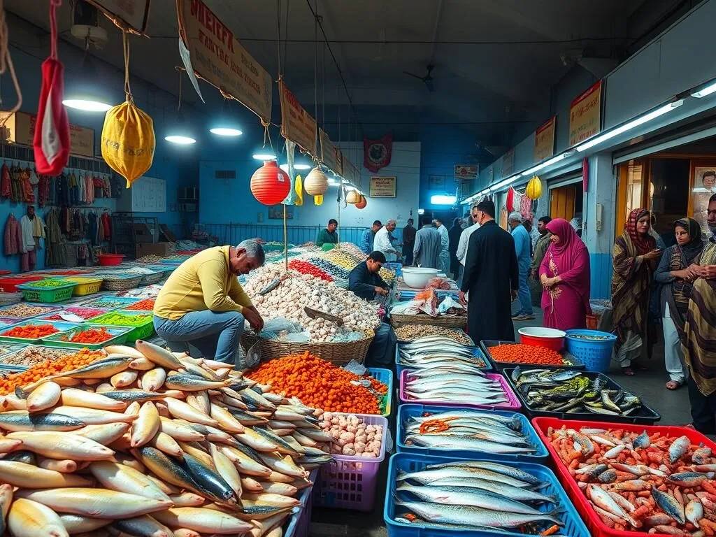 Busy fish market in Al Mukalla with fresh seafood displays