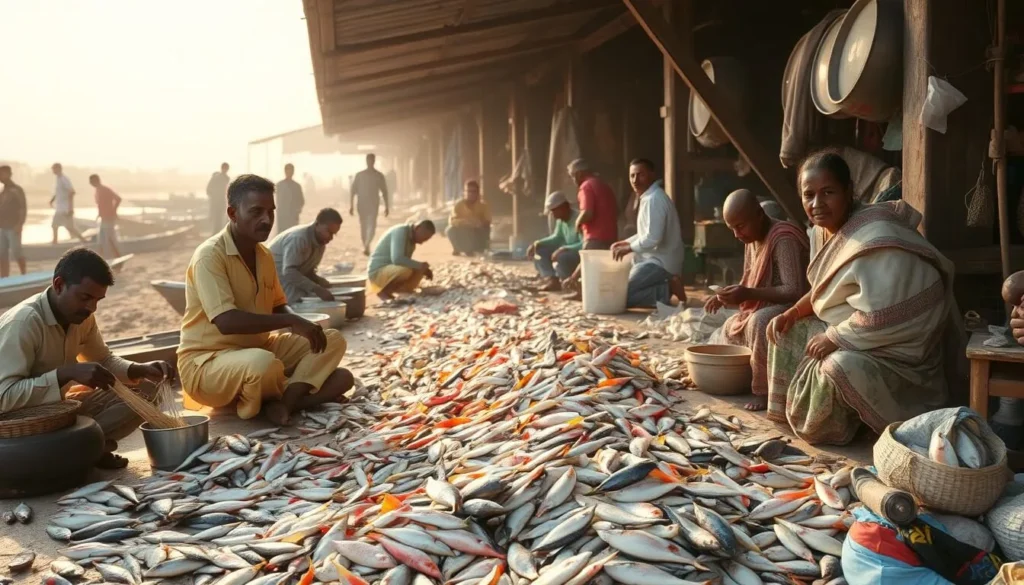 Busy morning scene at Negombo Fish Market with fishermen sorting their catch and buyers negotiating prices