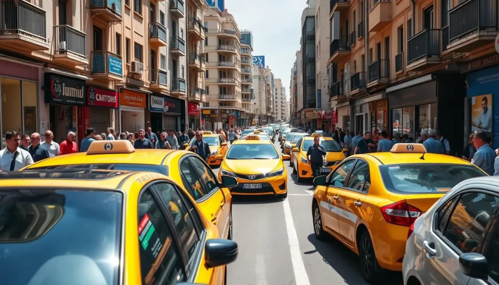 Busy street in Hamra district of Beirut with taxis, pedestrians, and shops